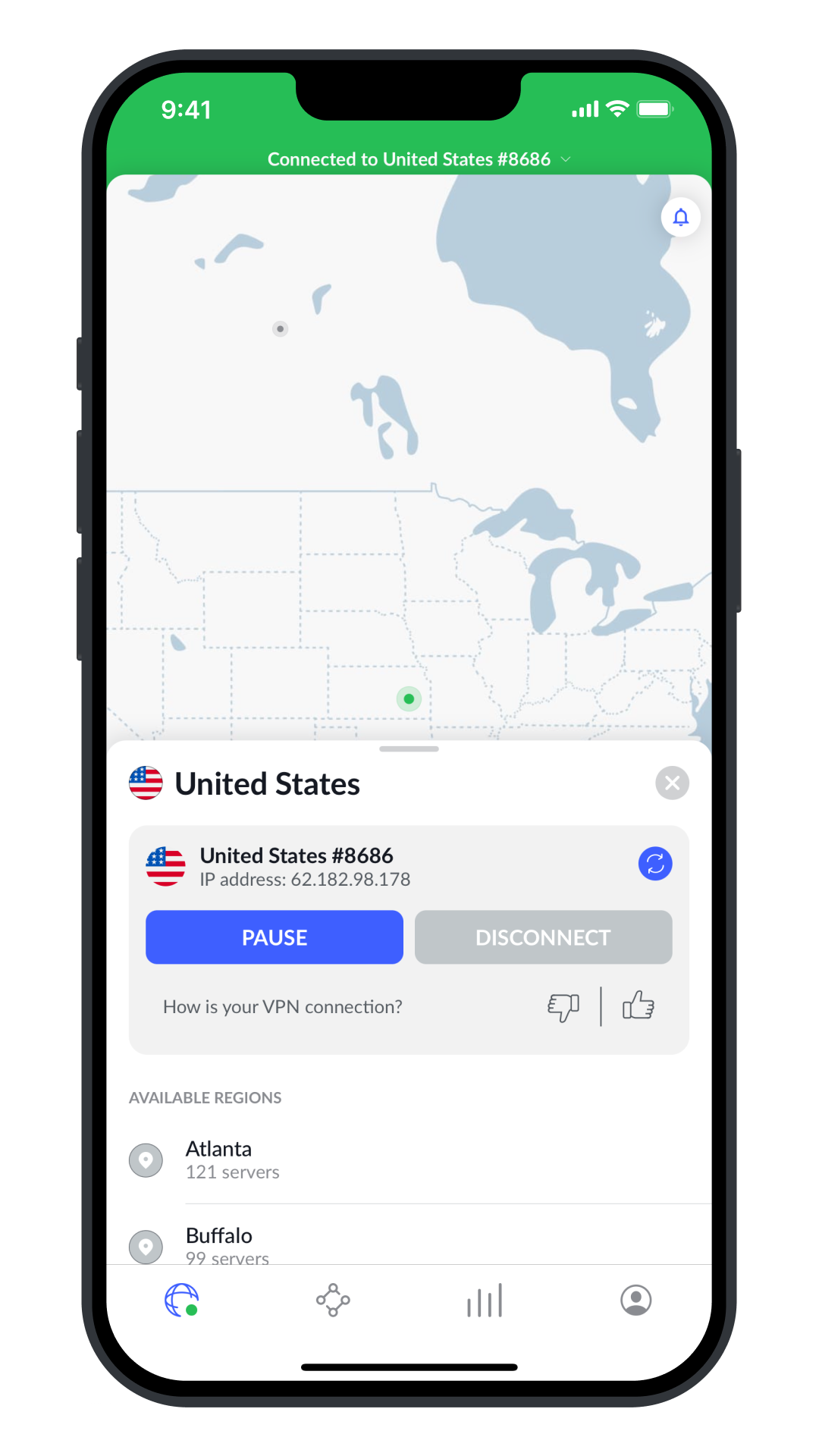 NordVPN iOS app — connected to a US server for streaming